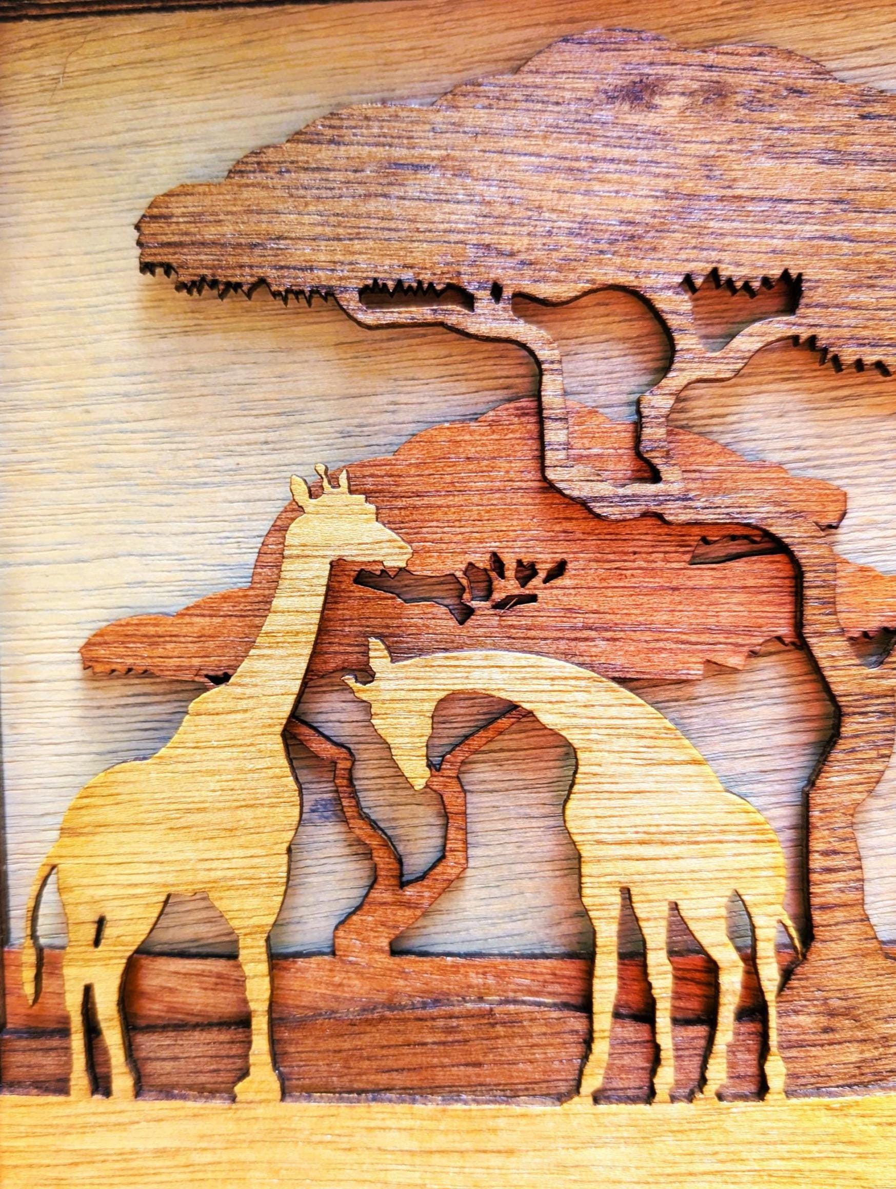 JUNGLE SCENE with ANIMALS Wood Wall Art, Multi-Layered Stained Wood, Elephant, Giraffe, Rhinoceros