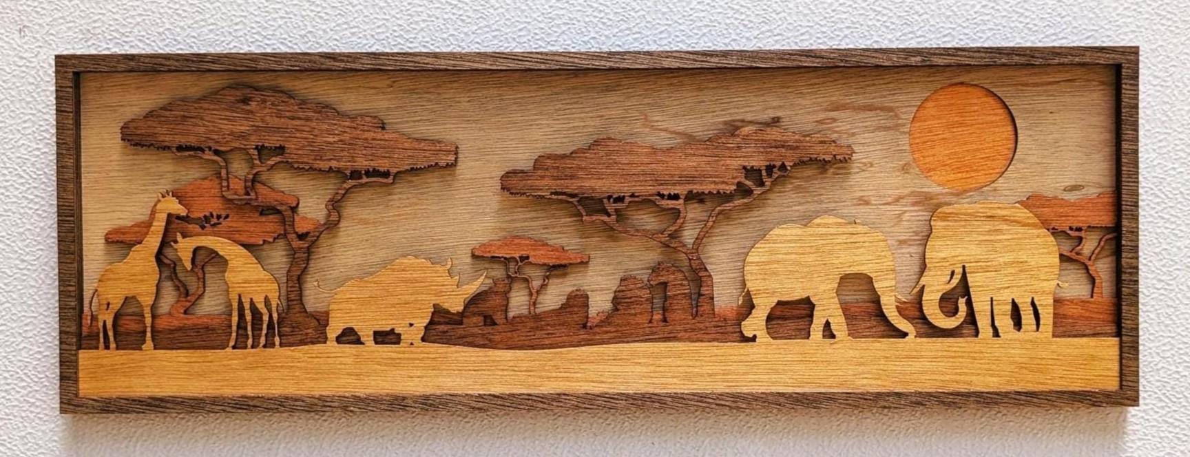 JUNGLE SCENE with ANIMALS Wood Wall Art, Multi-Layered Stained Wood, Elephant, Giraffe, Rhinoceros