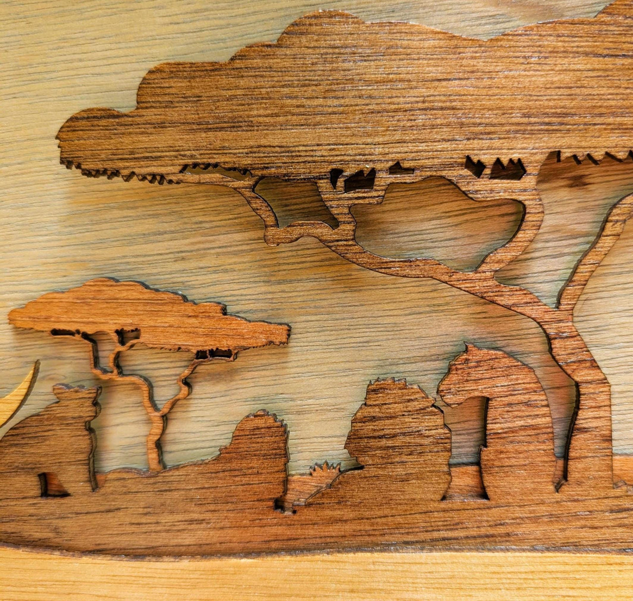 JUNGLE SCENE with ANIMALS Wood Wall Art, Multi-Layered Stained Wood, Elephant, Giraffe, Rhinoceros