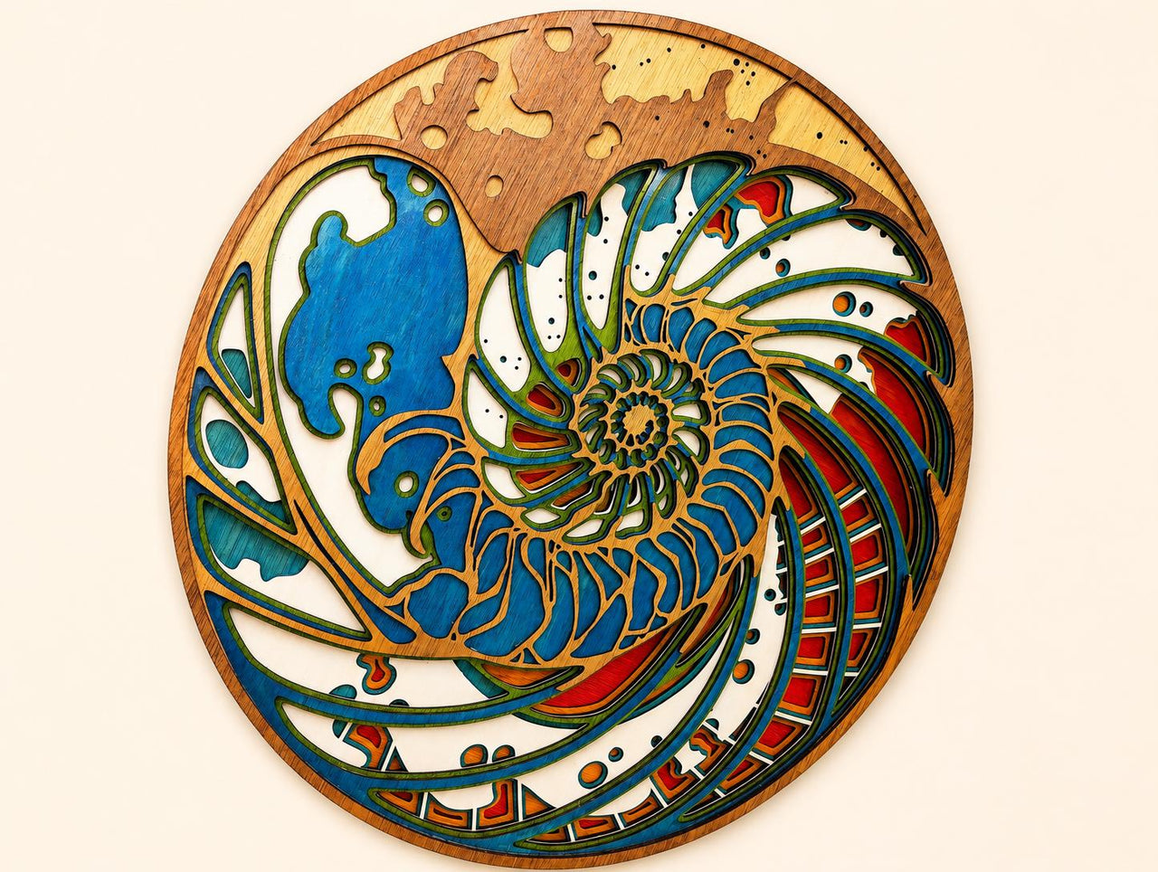 Layered Wood Nautilus Shell Wall Art | Coastal Ocean Decor, Beach House Hanging