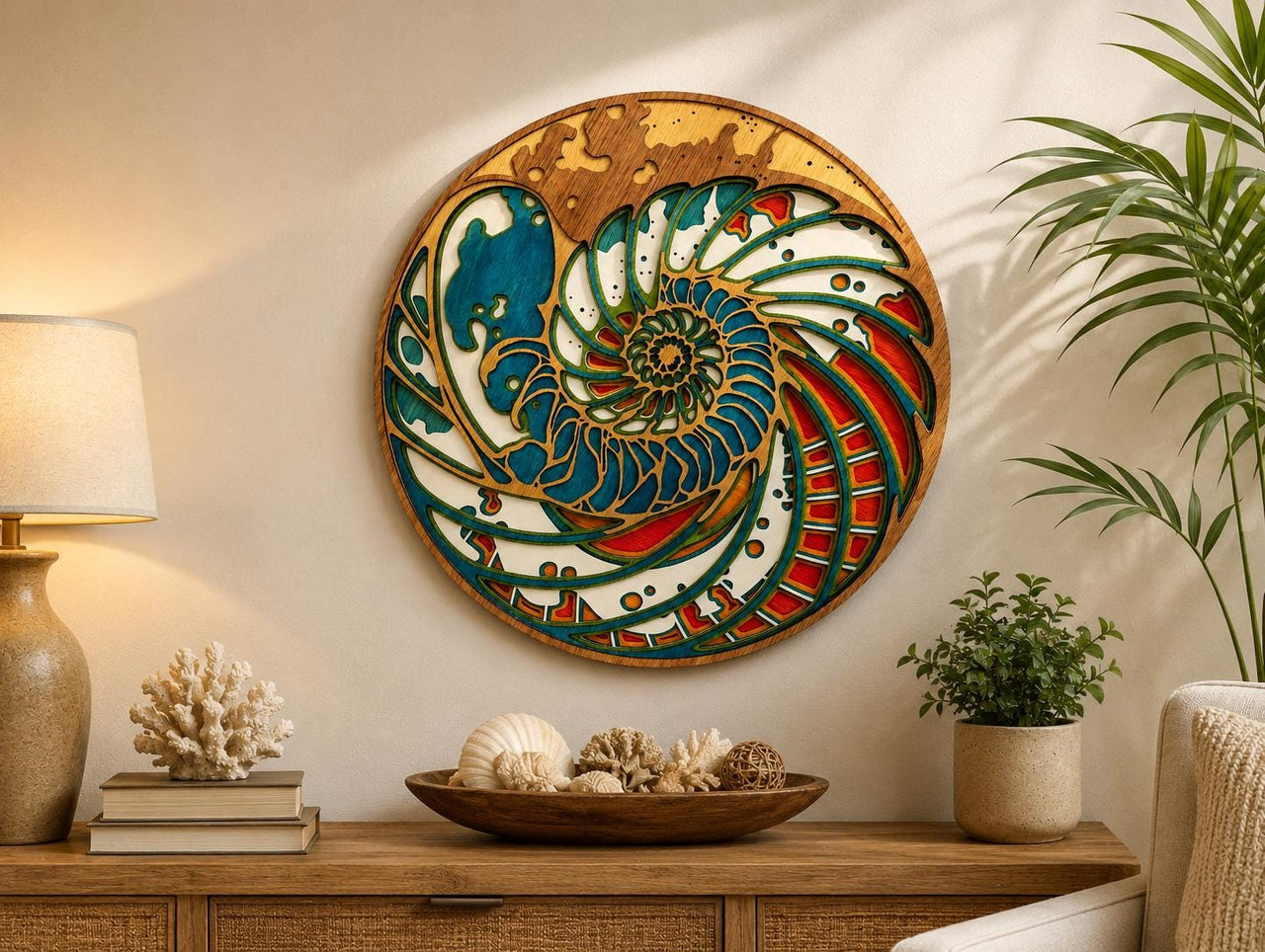 A round, wooden wall art piece featuring a nautilus shell design. The artwork is multi-layered with blue, red, green, and white accents. The outer frame is a natural wood color, and the piece is mounted on a beige wall.