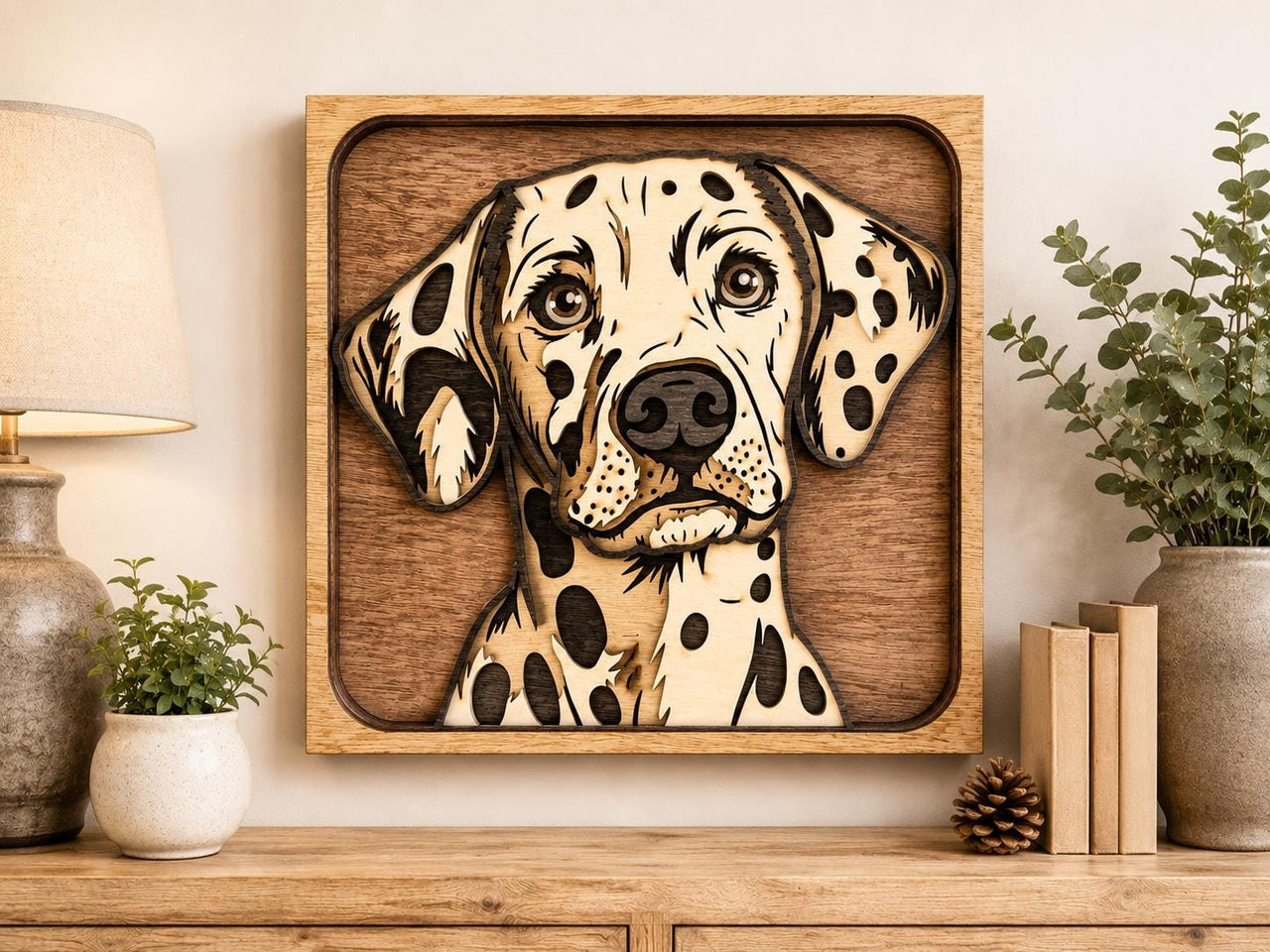 May include: A wooden wall art piece featuring a detailed portrait of a Dalmatian dog. The dog's face is light-colored with black spots, set against a dark brown background within a square, wooden frame. The artwork is displayed on a wooden surface.