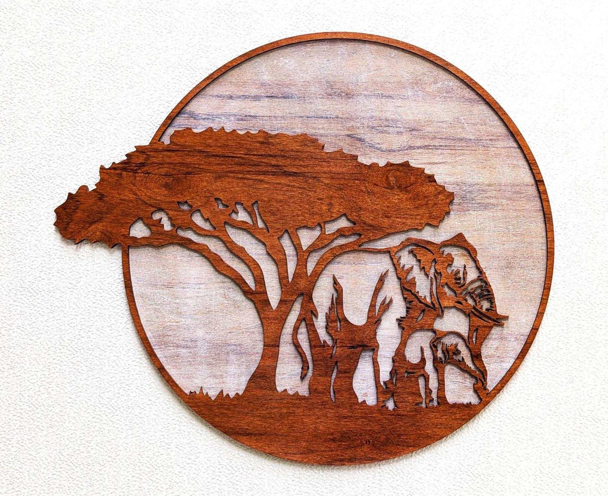 Wooden jungle scene wall art featuring mama and baby elephants under an African acacia tree
