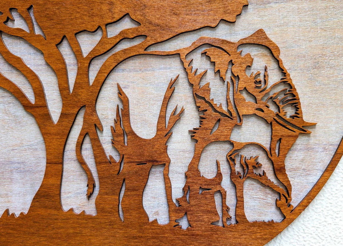Jungle scene wooden wall art featuring mama and baby elephants under an African acacia tree.