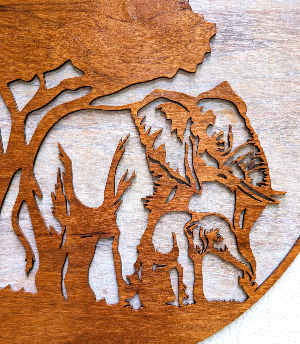 Jungle Scene with Mama wooden wall art featuring brown elephant mother and calf beneath an acacia tree