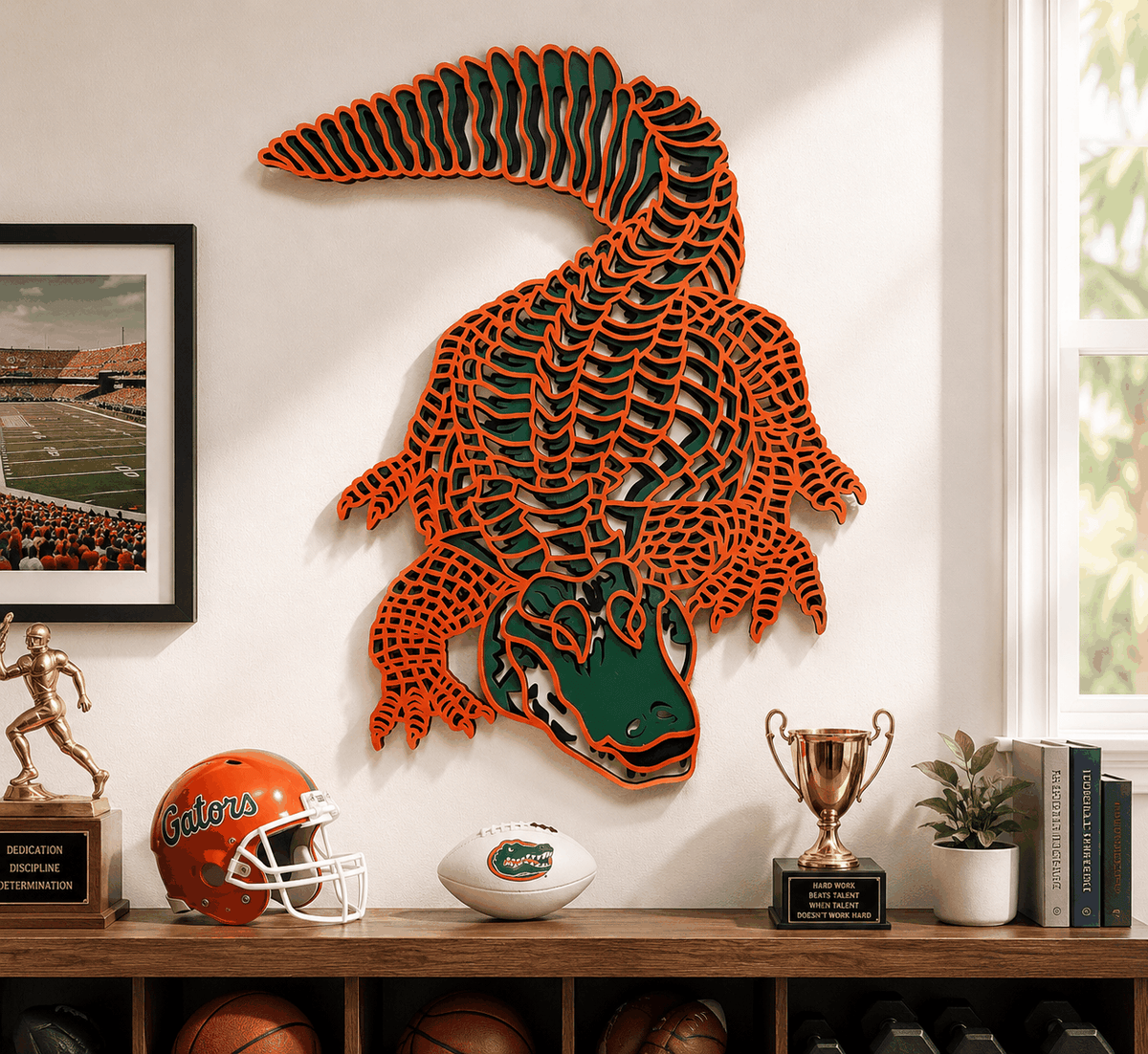 Layered Alligator Wall Art featuring an orange and black wooden alligator with green face and detailed scales