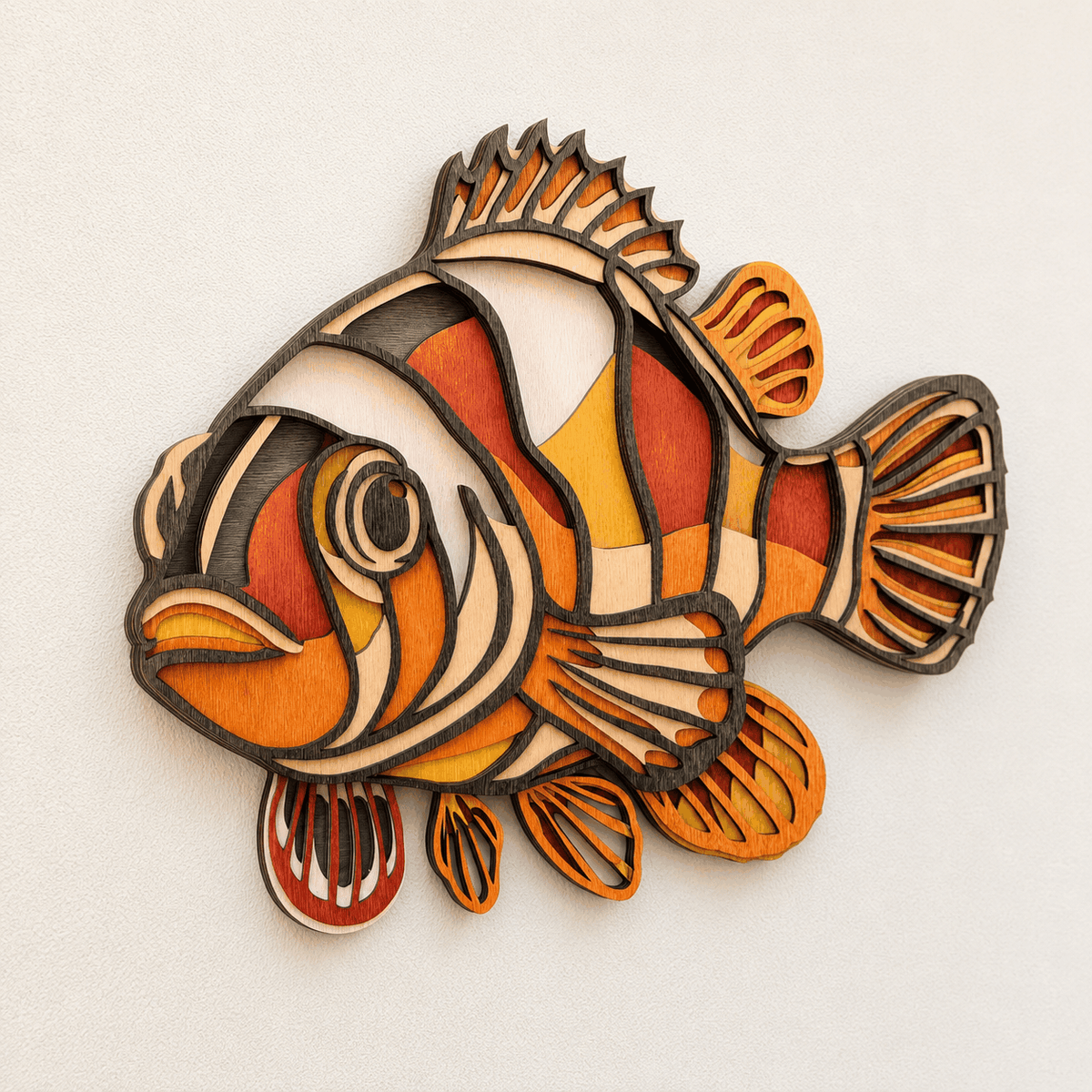Colorful layered clownfish wood wall art with vibrant coastal colors