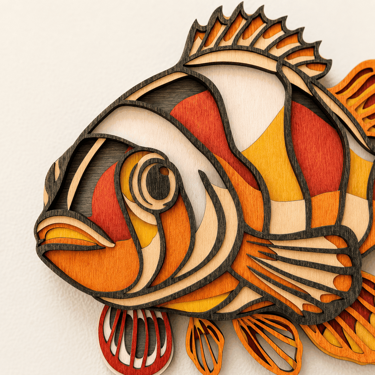 Layered wood clownfish wall art with vibrant coastal colors