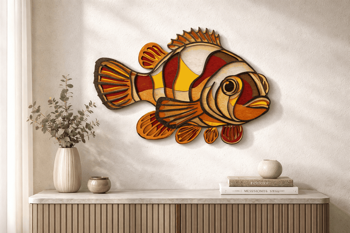 Handcrafted layered clownfish wood wall art with vibrant coastal colors