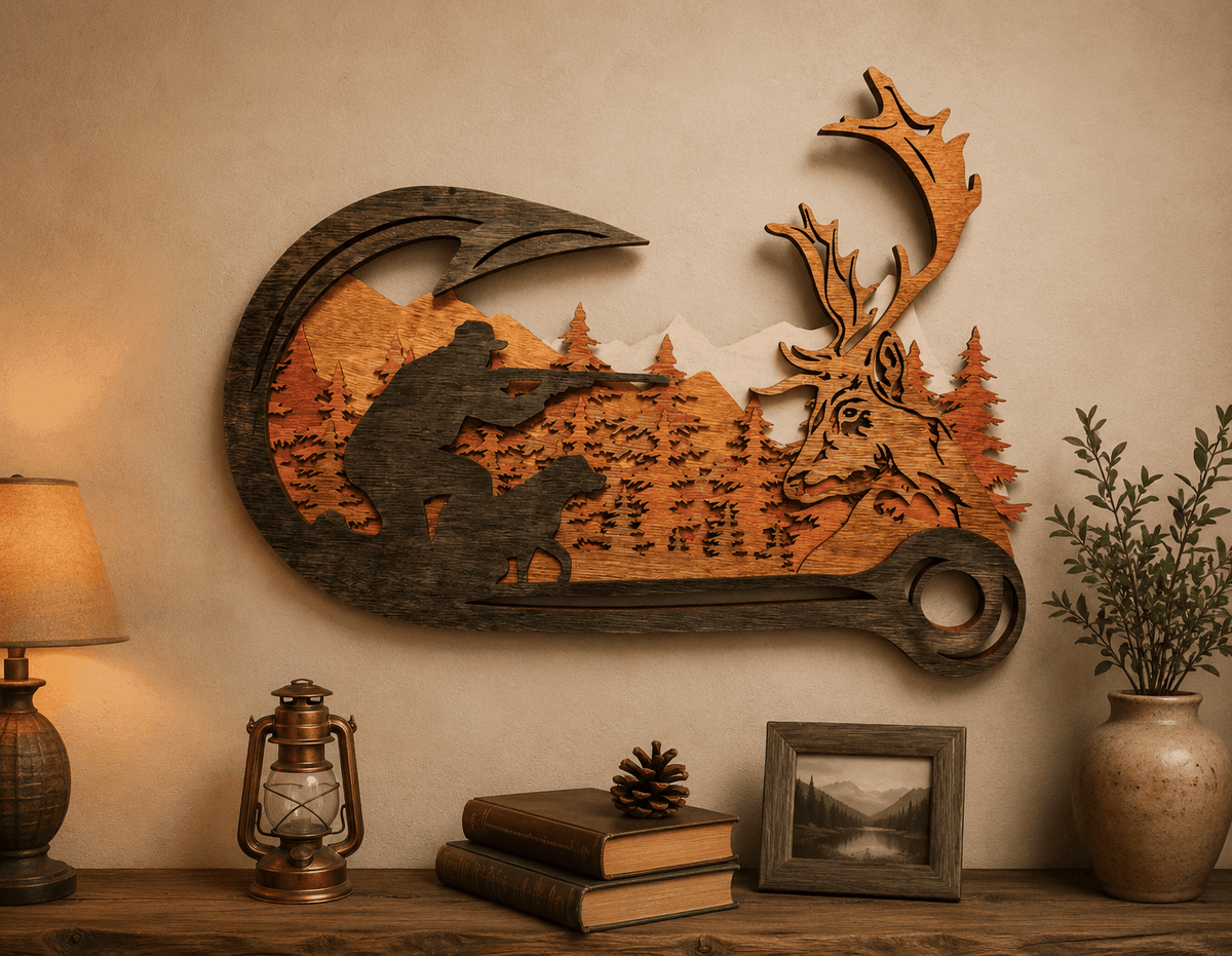 Layered Deer Hunting wall art in stained wood, featuring a hunter, dog, pine forest, mountains, and detailed trophy buck