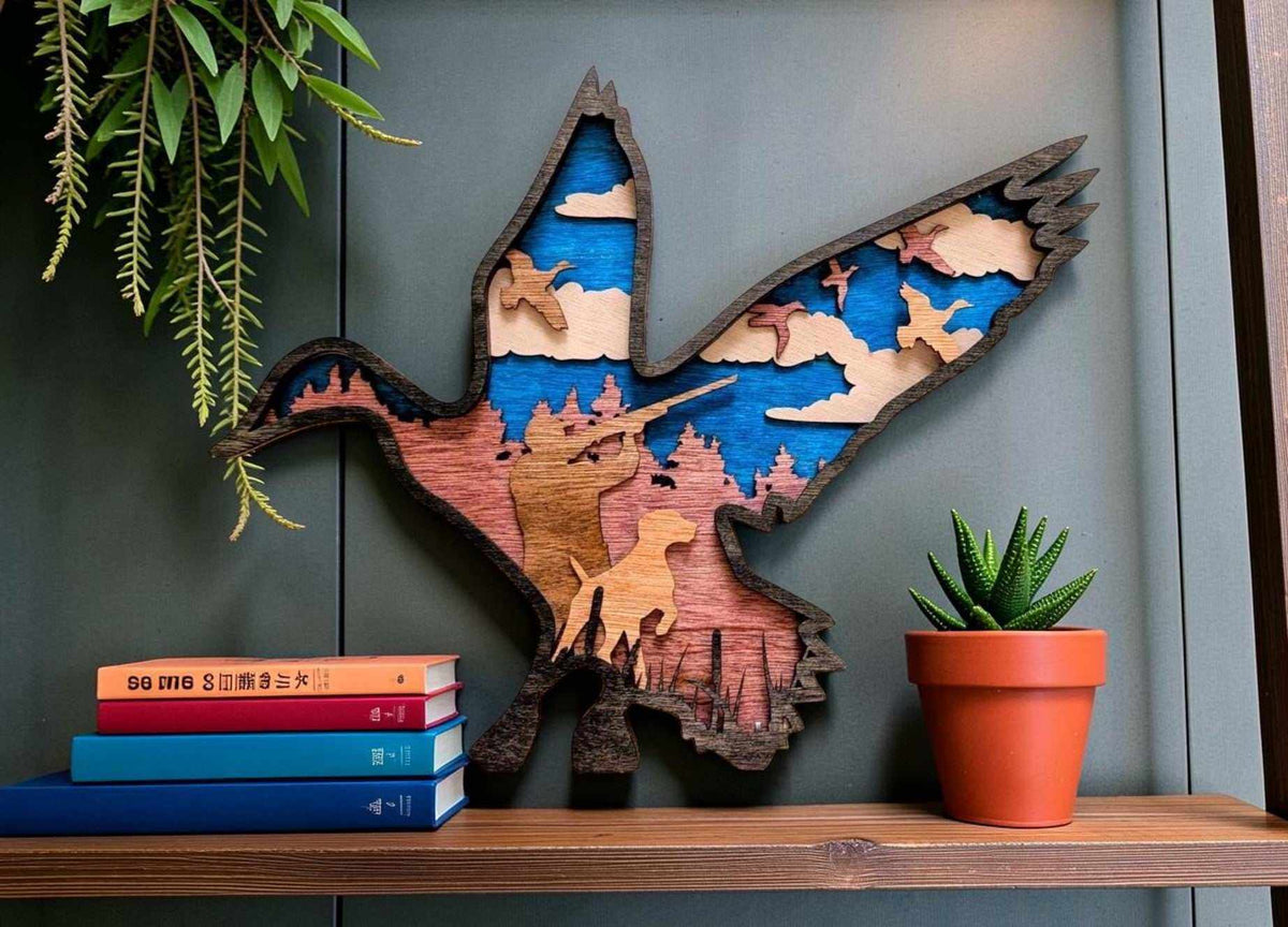 Layered Duck Hunting Wood Wall Art featuring a colorful duck silhouette with hunter, dog, marsh grasses, clouds, and flying ducks