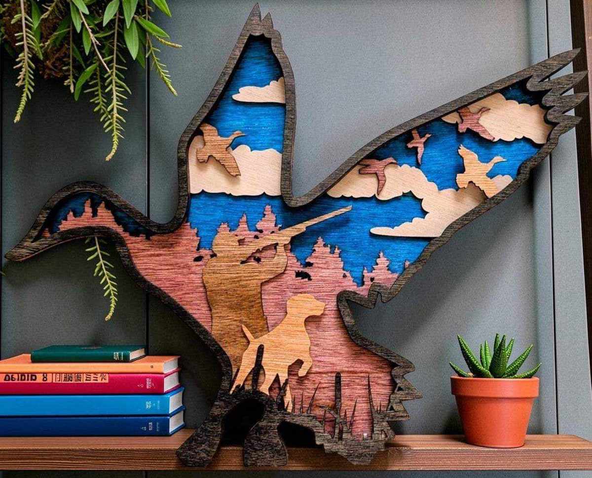 Layered Duck Hunting Wood Wall Art featuring a colorful duck silhouette with hunter, dog, flying ducks, trees, and marsh scene