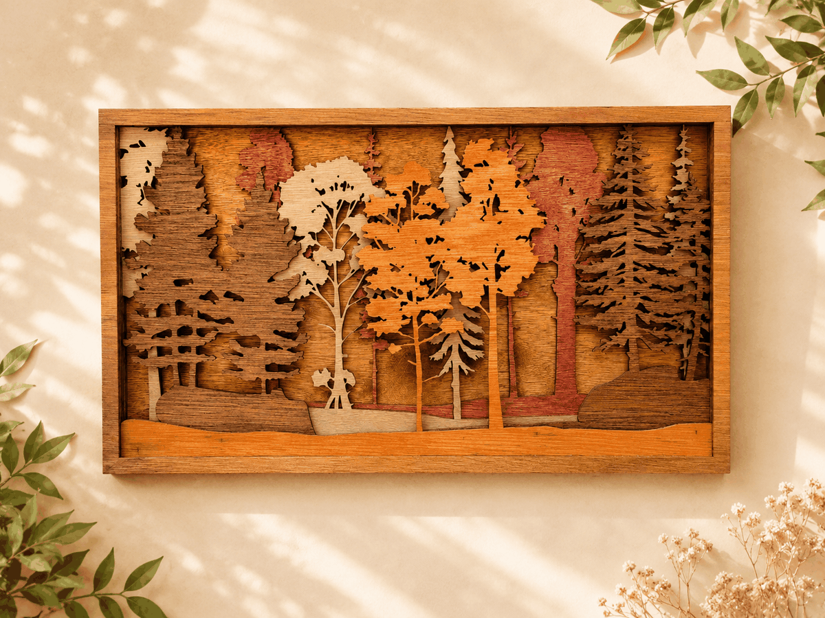 Layered Forest Wood Wall Art featuring warm natural wood layers, autumn trees, deer, and a rustic framed woodland scene