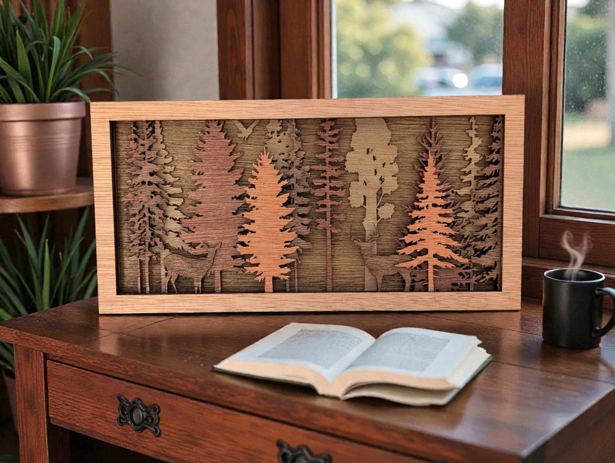 Layered Forest Wood Wall Art, natural wood framed woodland scene with layered pine trees, deer and bear silhouettes