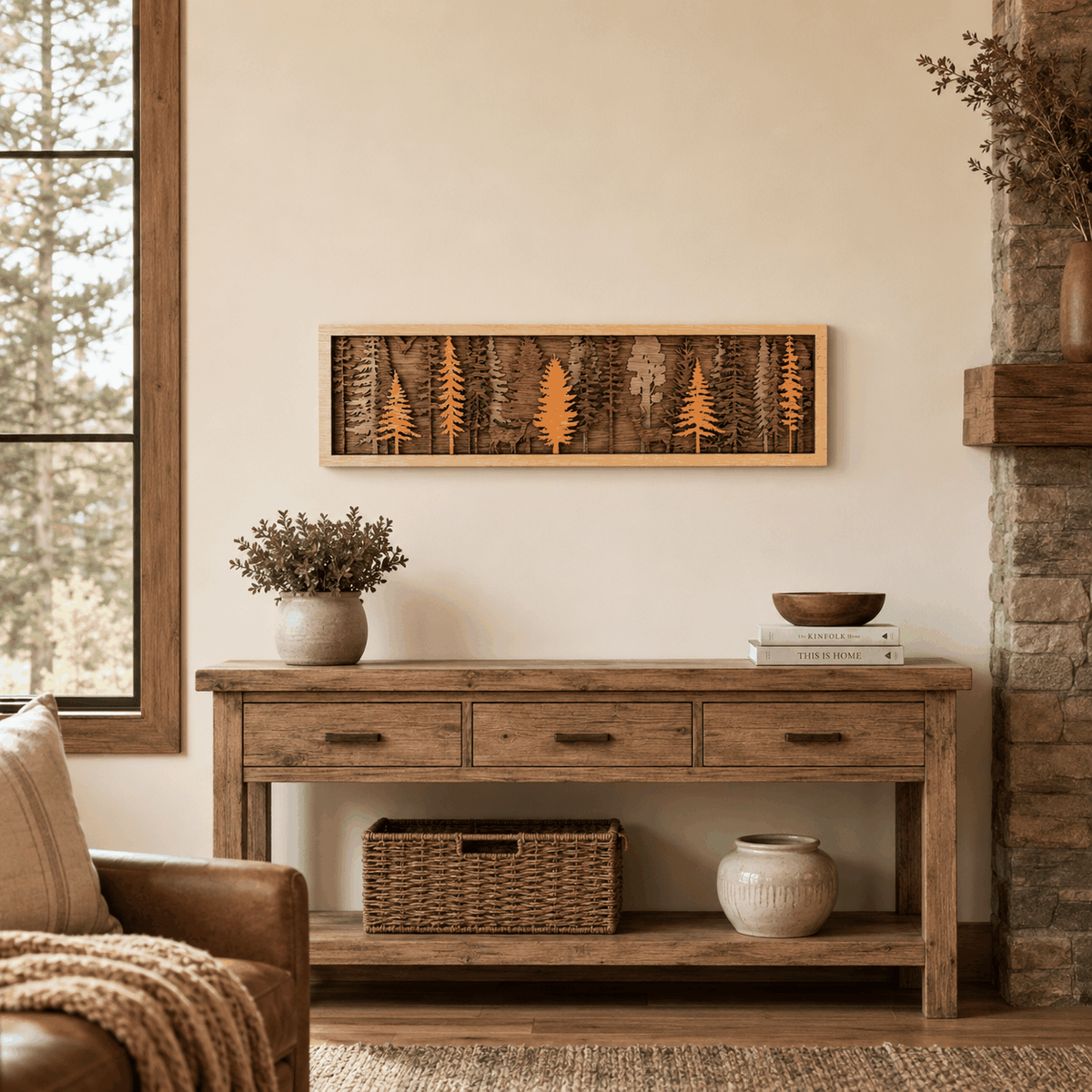 Layered Forest Wood Wall Art featuring laser-cut pine trees in natural brown wood tones with rustic depth
