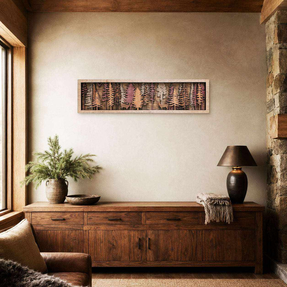 Layered Forest Wood Wall Art featuring a narrow natural wood panel with multicolour layered pine tree design