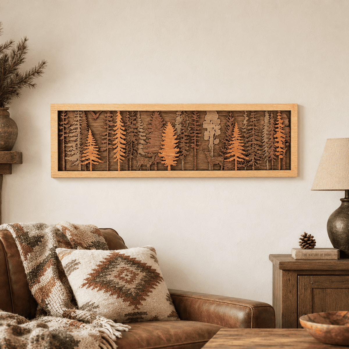 Layered Forest Wood Wall Art in warm natural wood, featuring laser-cut pine trees and woodland scenery in a framed design