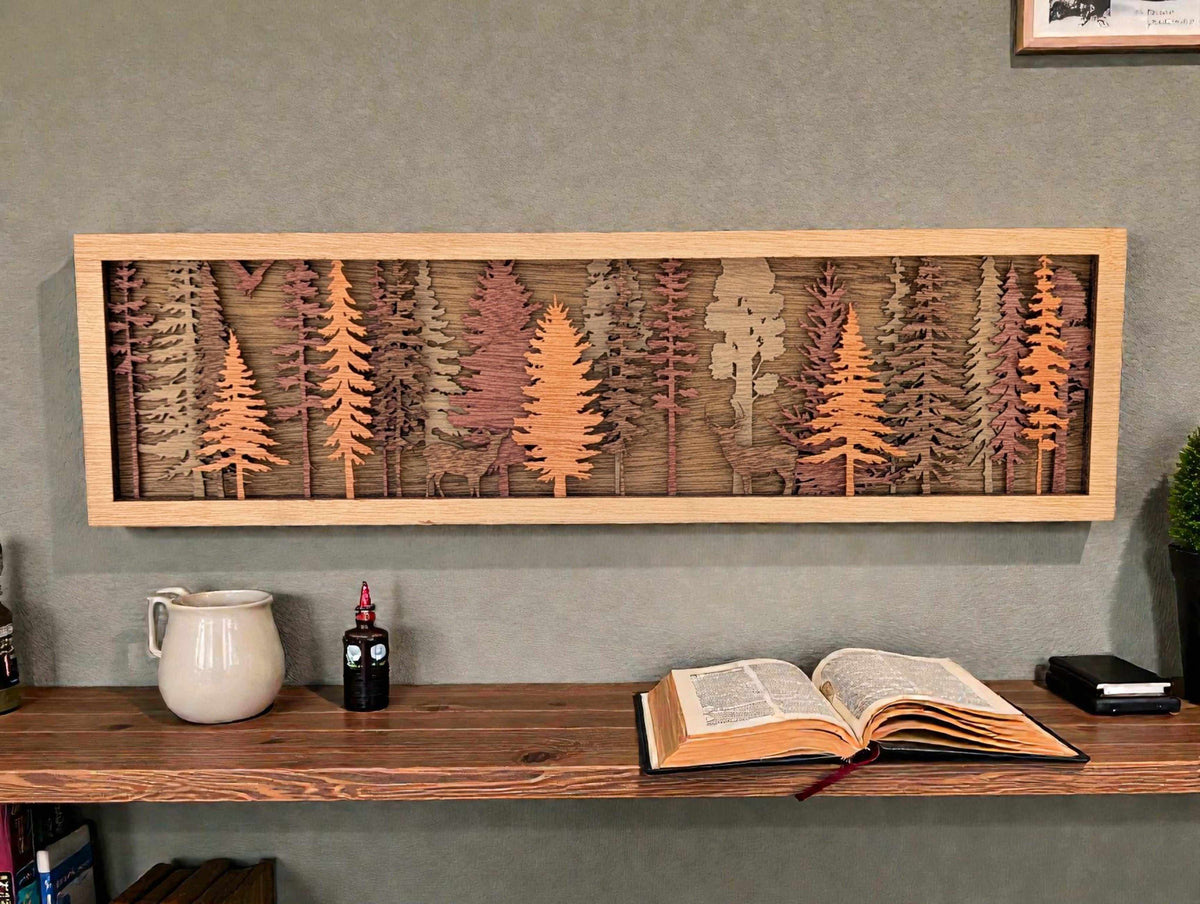 Layered Forest Wood Wall Art featuring warm natural wood tones and a detailed multi-layer pine forest scene