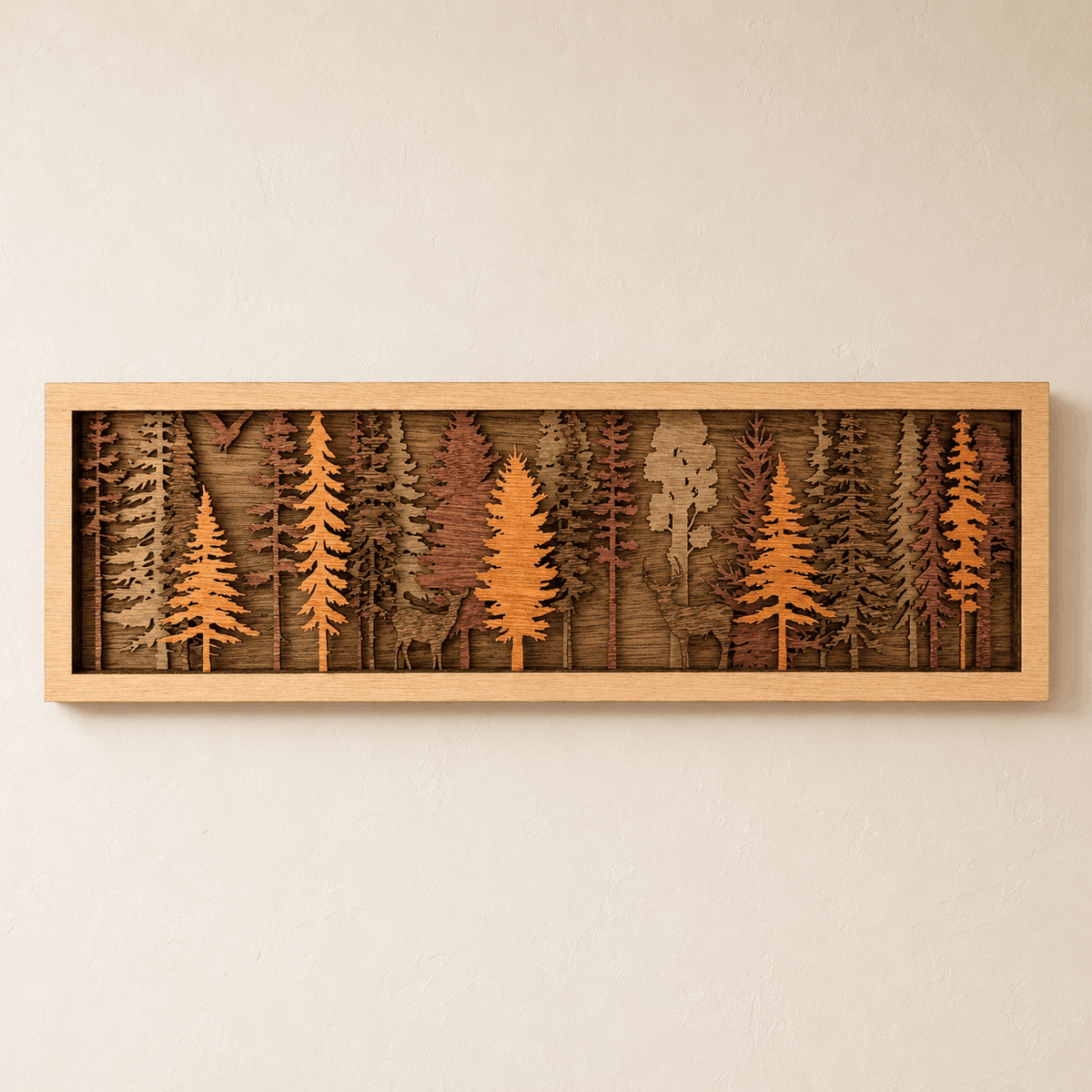 Layered Forest Wood Wall Art featuring a rustic brown forest scene with orange and natural wood trees and deer