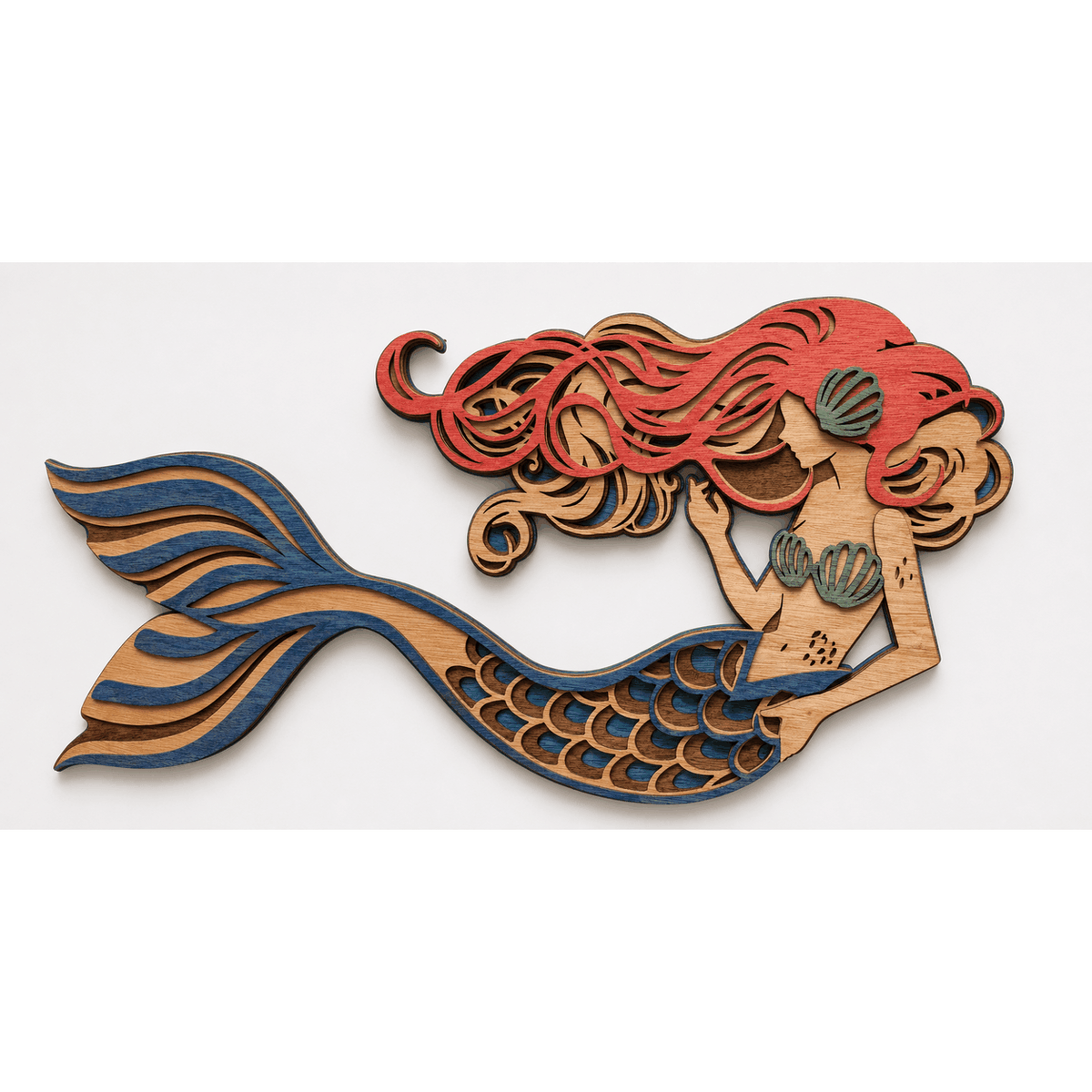 Layered mermaid wood wall art with turquoise tail and coral hair