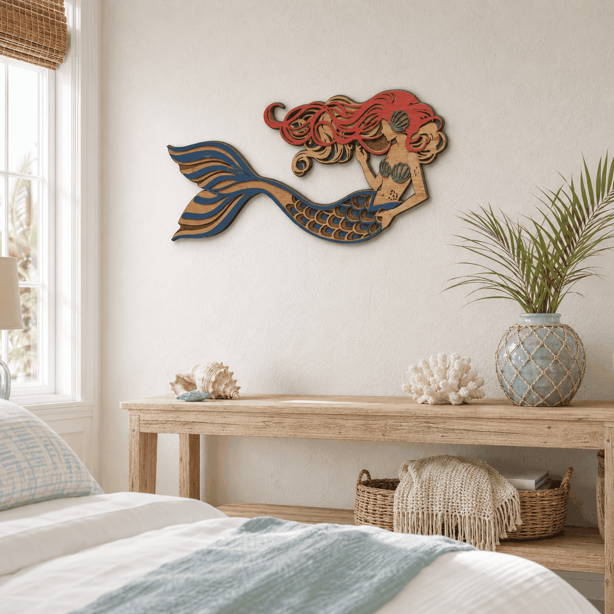 Layered mermaid wood wall art with coastal colors and detailed design