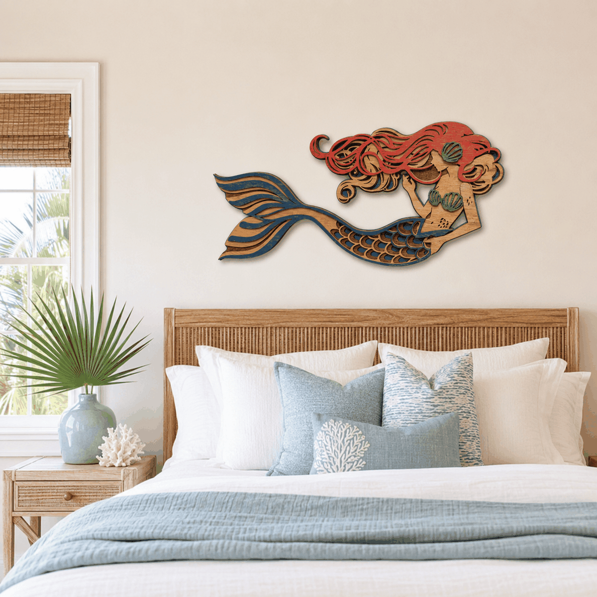 Handcrafted layered mermaid wood wall art with coastal colors