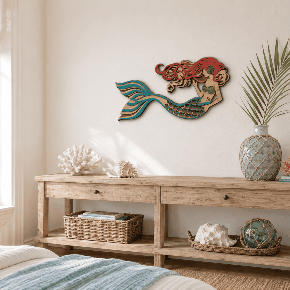 Handcrafted layered mermaid wood wall art with coastal colors