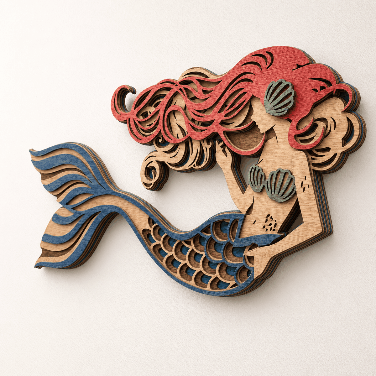 Layered mermaid wood wall art with coastal colors and detailed scales