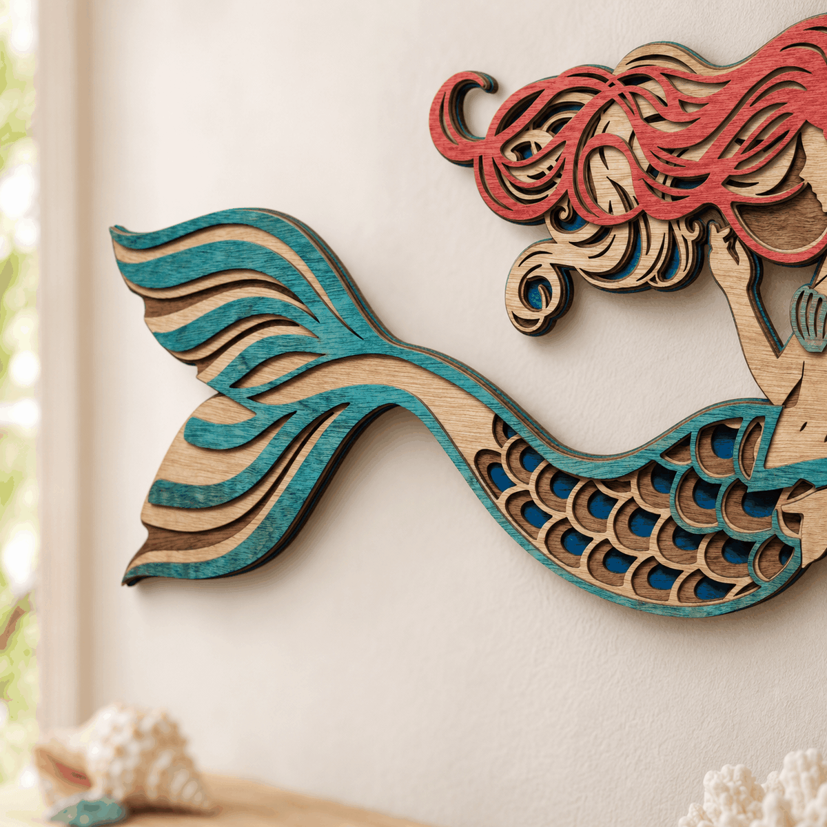 Handcrafted layered mermaid wood wall art with coastal colors