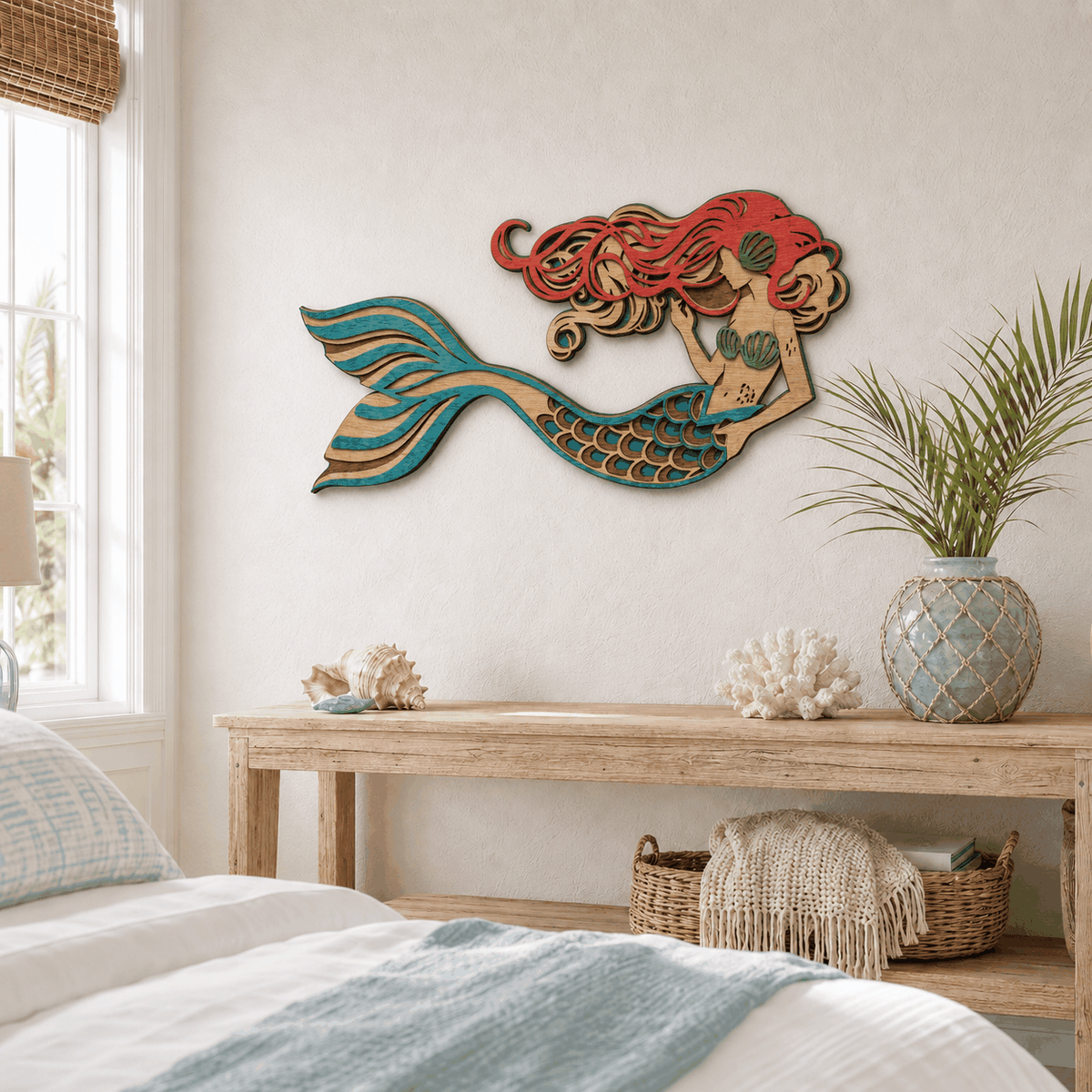 Layered mermaid wood wall art with turquoise tail and coral hair