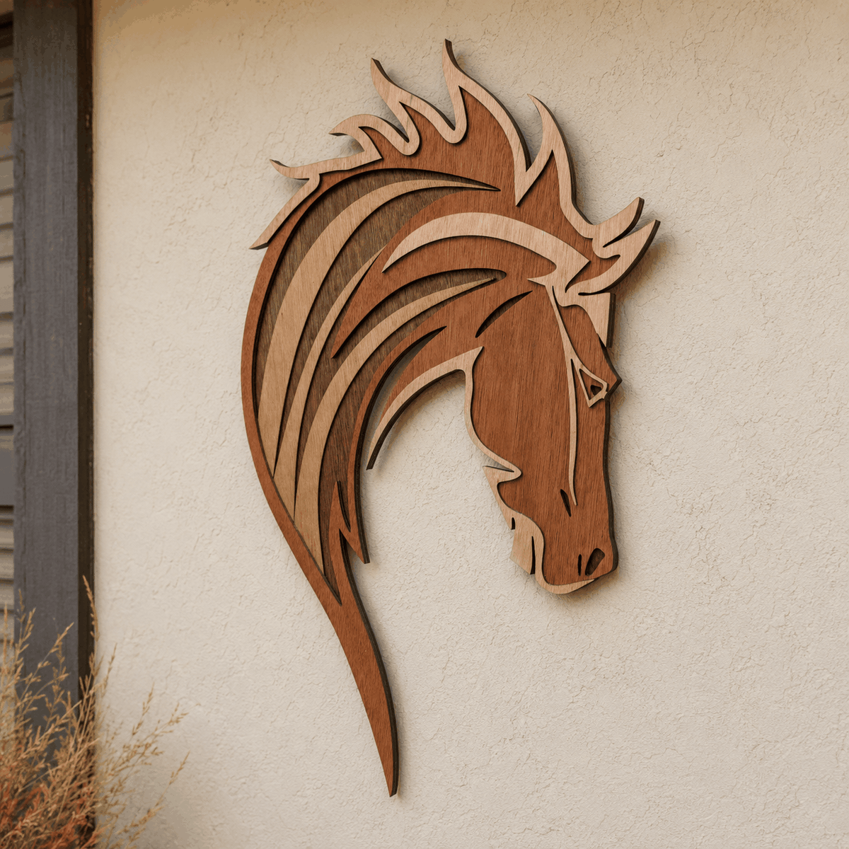 Layered wooden mustang horse head wall art with flowing mane
