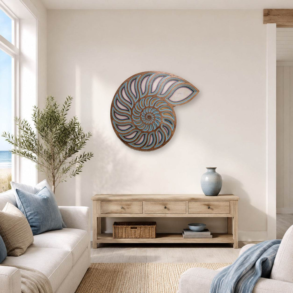 Handmade layered wood nautilus shell wall art with coastal ocean decor colors and intricate spiral design