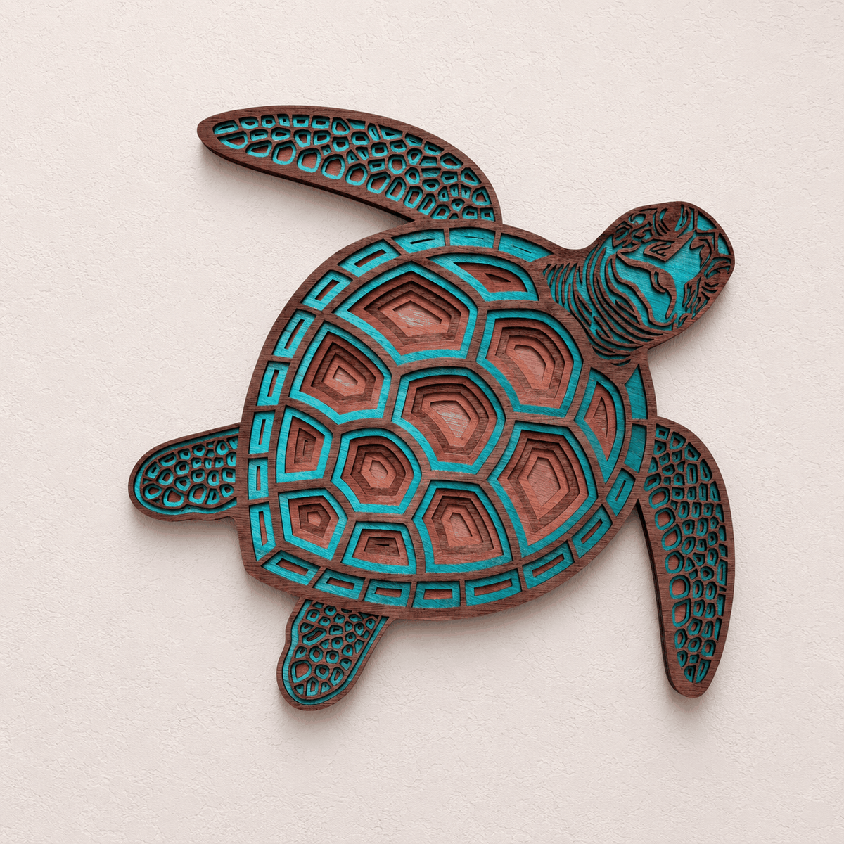 turquoise and brown layered sea turtle wood wall art