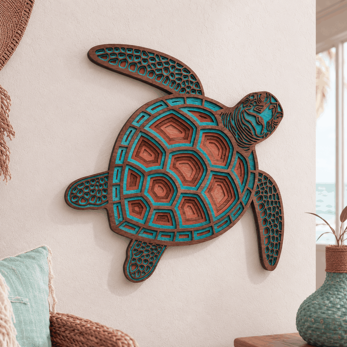 Turquoise and brown layered sea turtle wood wall art