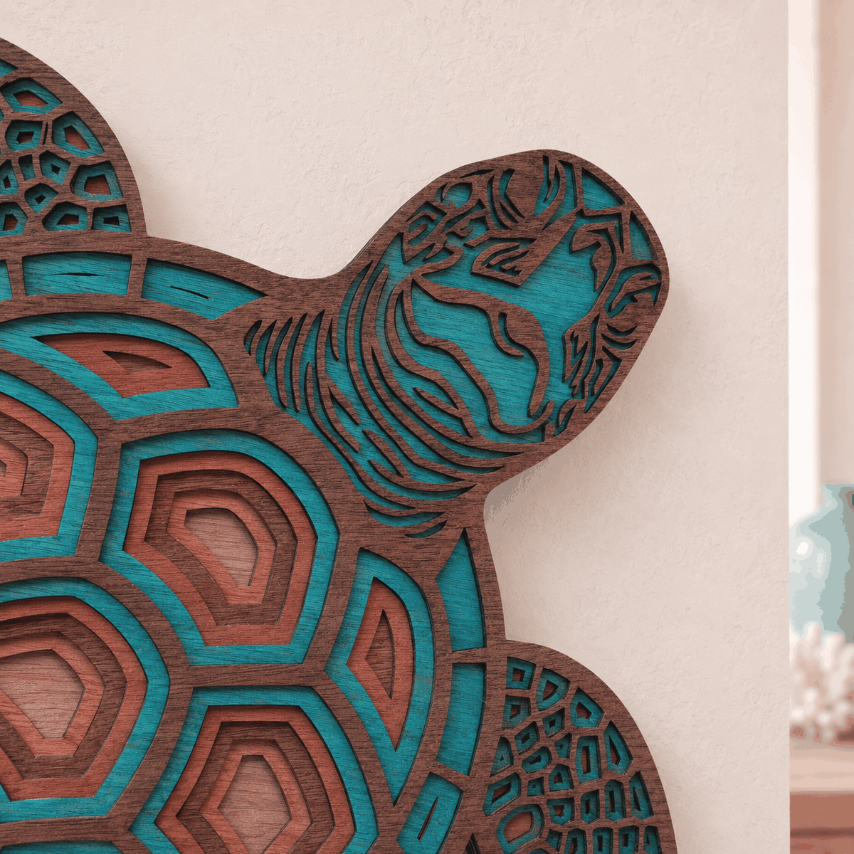 turquoise and brown layered sea turtle wood wall art