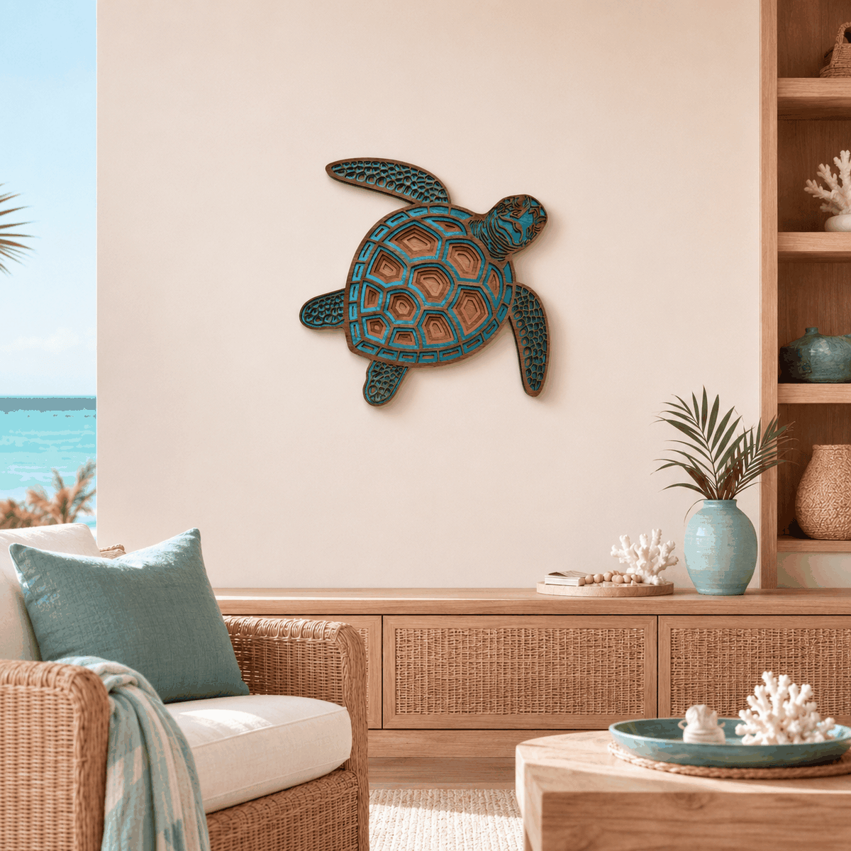 Turquoise and brown layered wood sea turtle wall art