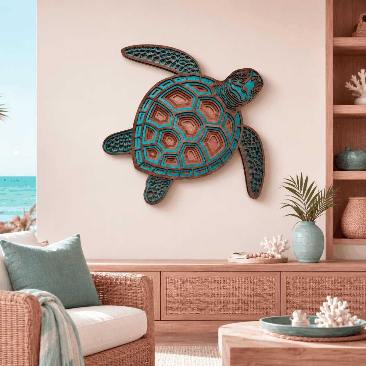 Turquoise and brown layered sea turtle wood wall art