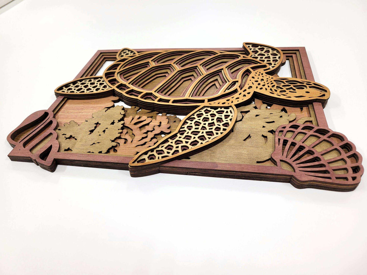 Layered Sea Turtle Wall Art in natural wood with brown tones, patterned shell, coral, and seashell accents