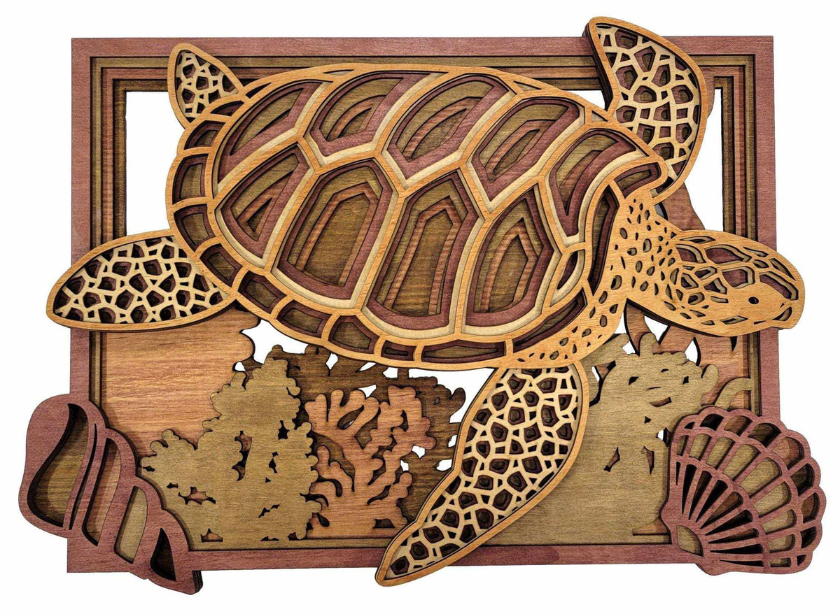 Layered Sea Turtle Wall Art in warm natural wood, featuring a patterned turtle, coral, and seashells