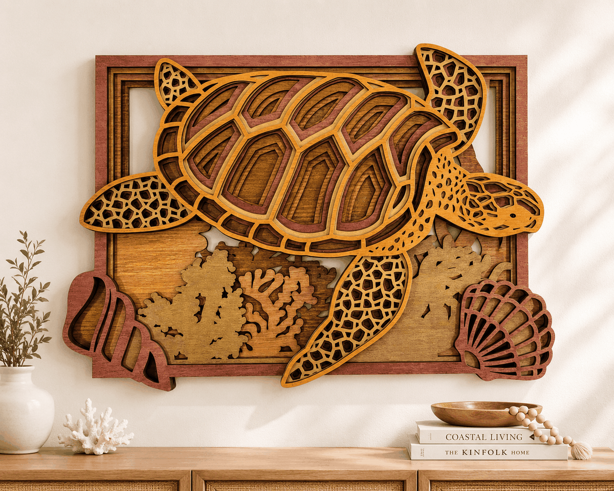 Layered Sea Turtle Wall Art in warm natural wood with coral, shell, and ocean plant details