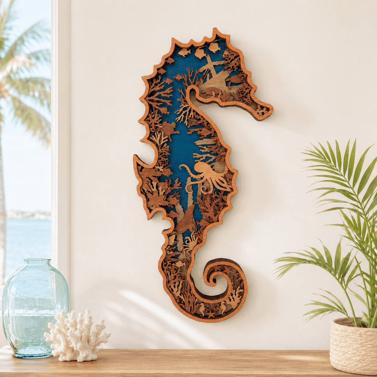 Layered Seahorse Wood Wall Art in blue and natural wood, featuring intricate coral and marine-life cutouts