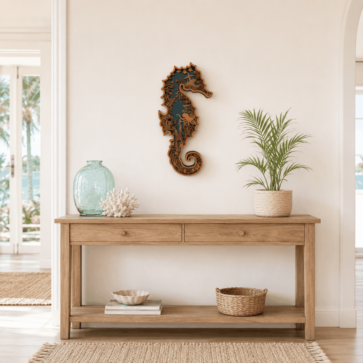 Layered Seahorse Wood Wall Art in dark brown wood with intricate ocean-themed cutout details and curled tail