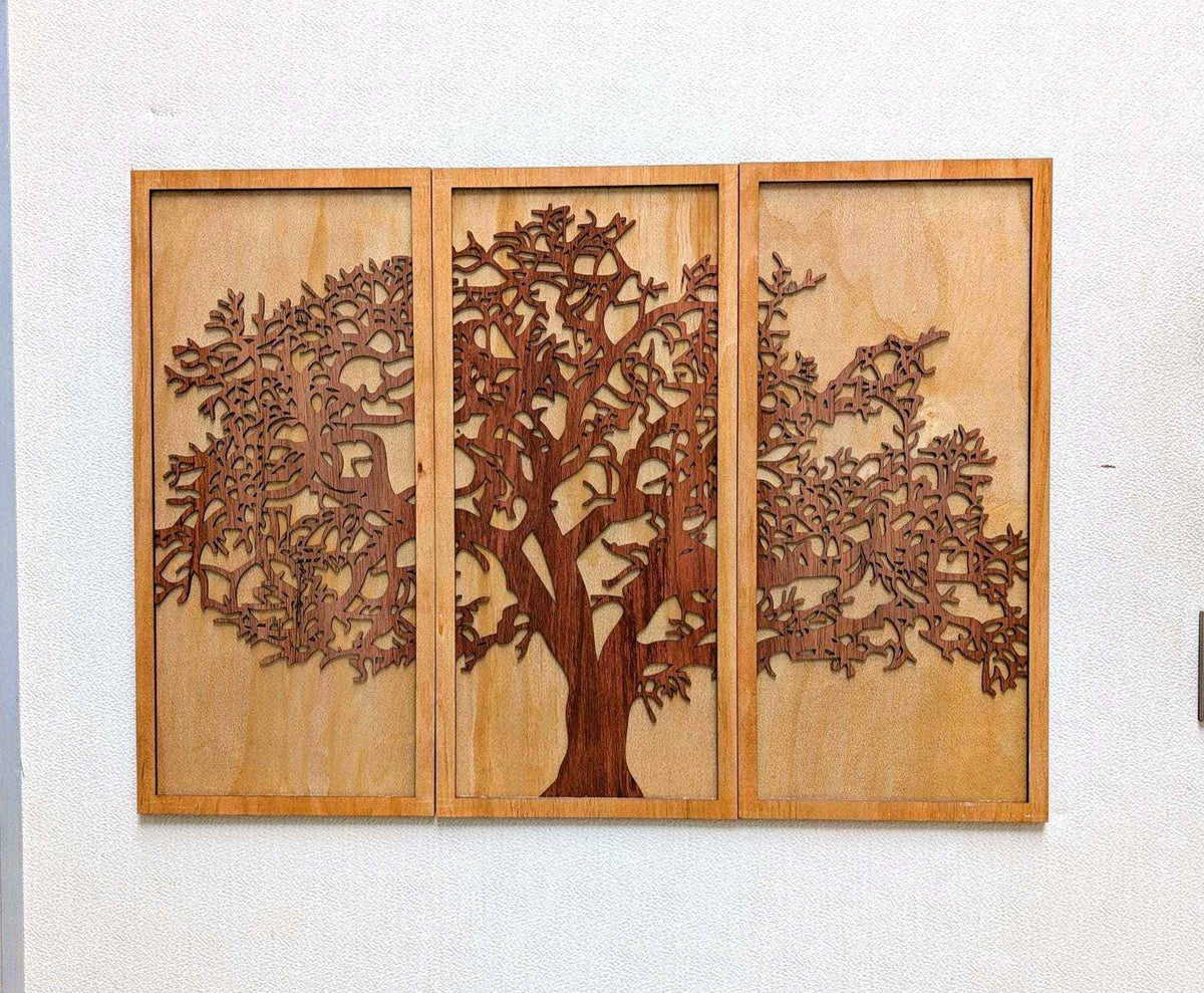 Layered Tree of Life three-panel wood wall art in warm natural tones with intricate laser-cut branches and trunk