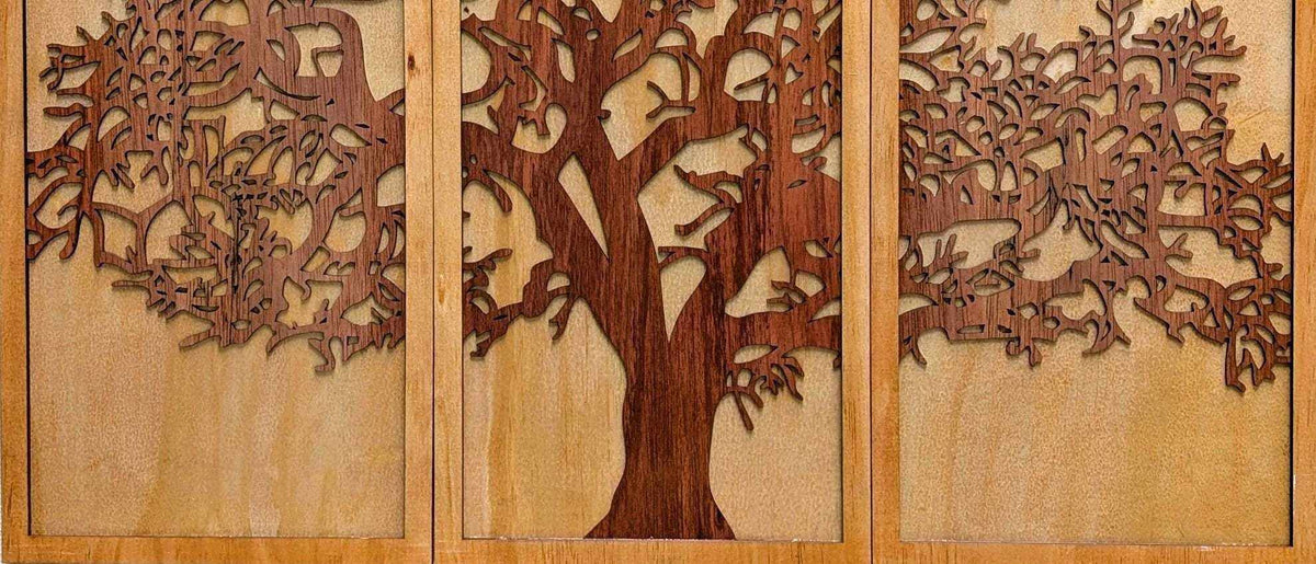 Layered Tree of Life triptych wall art in warm brown wood with intricate branches and three connected panels