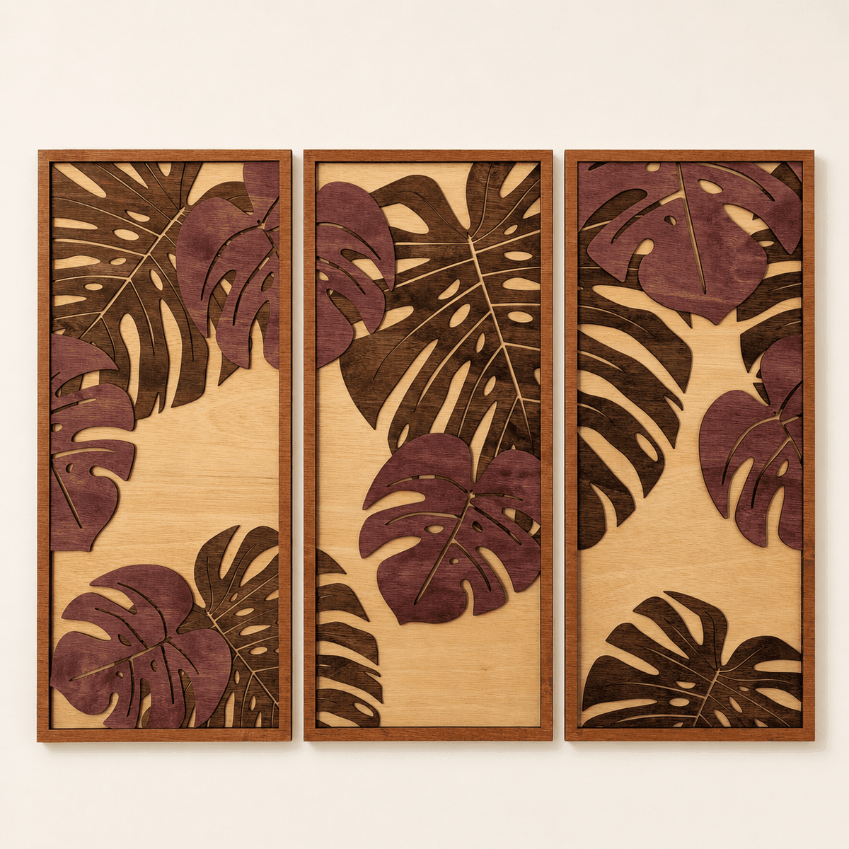 Layered Tropical Leaf wall art with three vertical wood panels, burgundy monstera leaves and dark natural grain