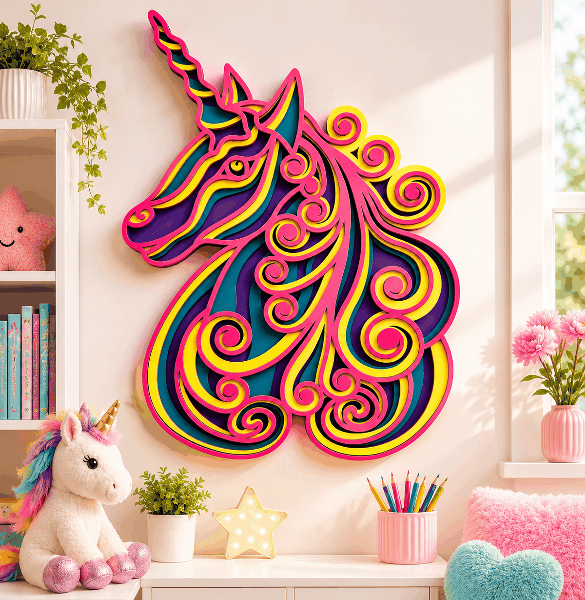 Layered Unicorn Wood Wall Art featuring a vibrant multicolour unicorn with flowing spiral mane and dimensional laser-cut layers