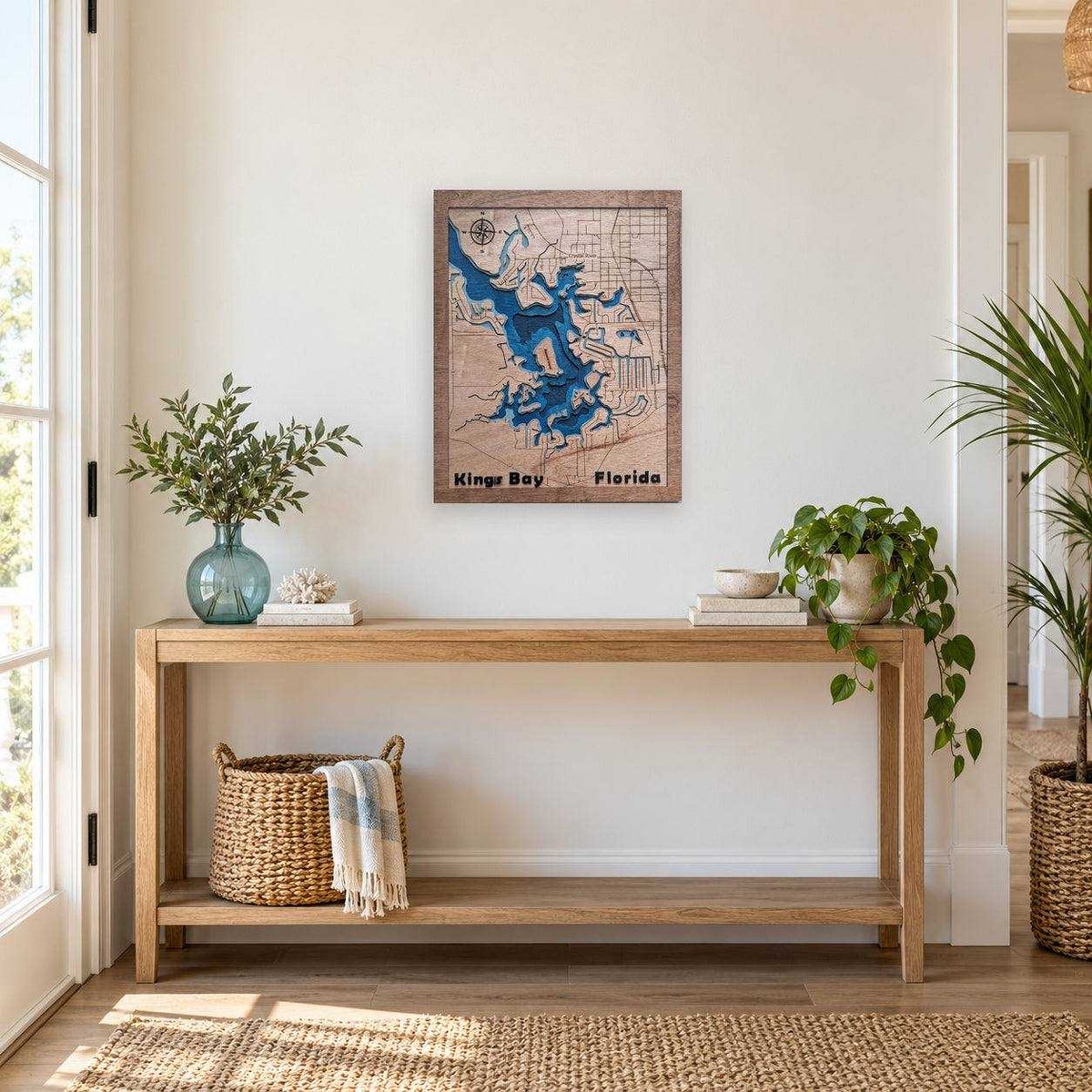 MAP OF KINGS BAY FLORIDA wooden wall art, framed natural wood map with layered blue waterways and engraved labels
