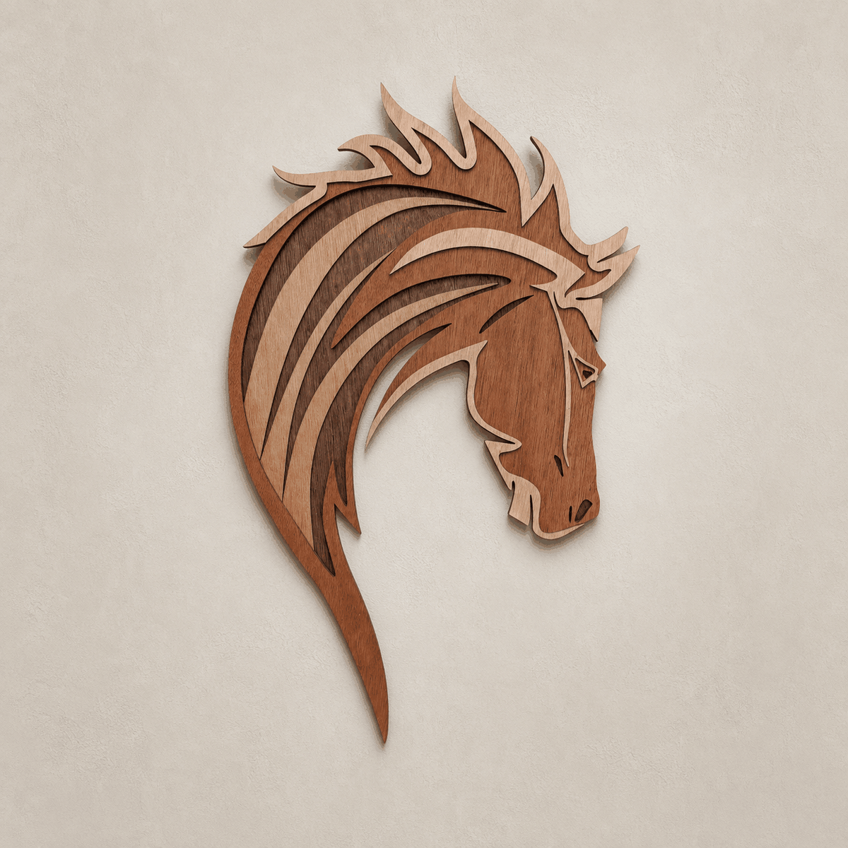 Layered mustang horse head wood wall art with detailed flowing mane