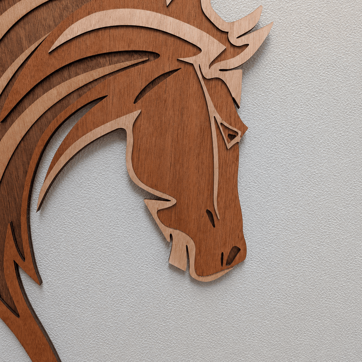 Layered mustang horse head wooden wall art with flowing mane