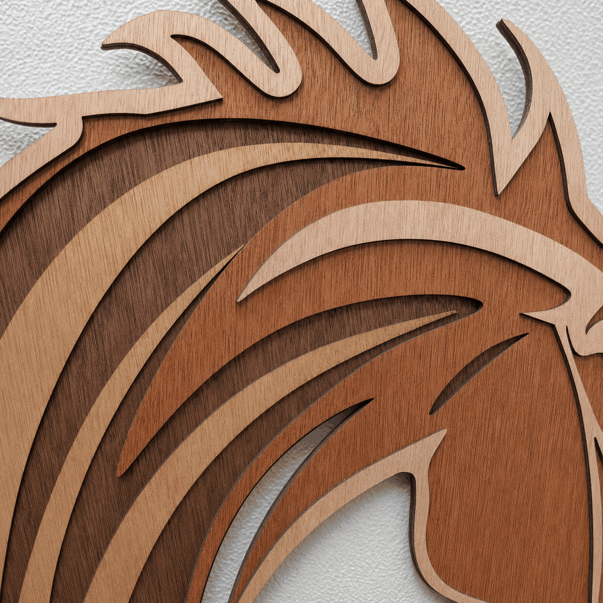 Layered mustang horse head wood wall art with flowing mane
